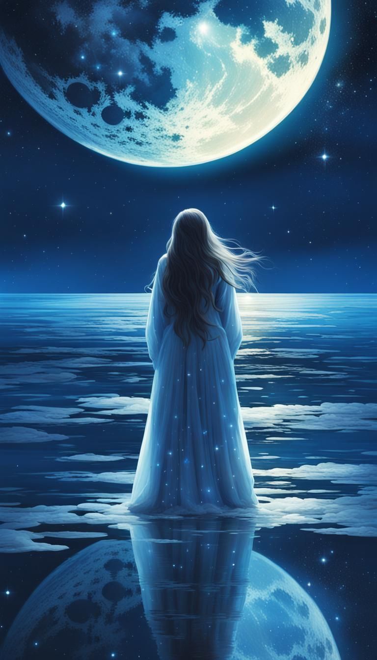 Ethereal Woman Under Blue Moonlit Sky