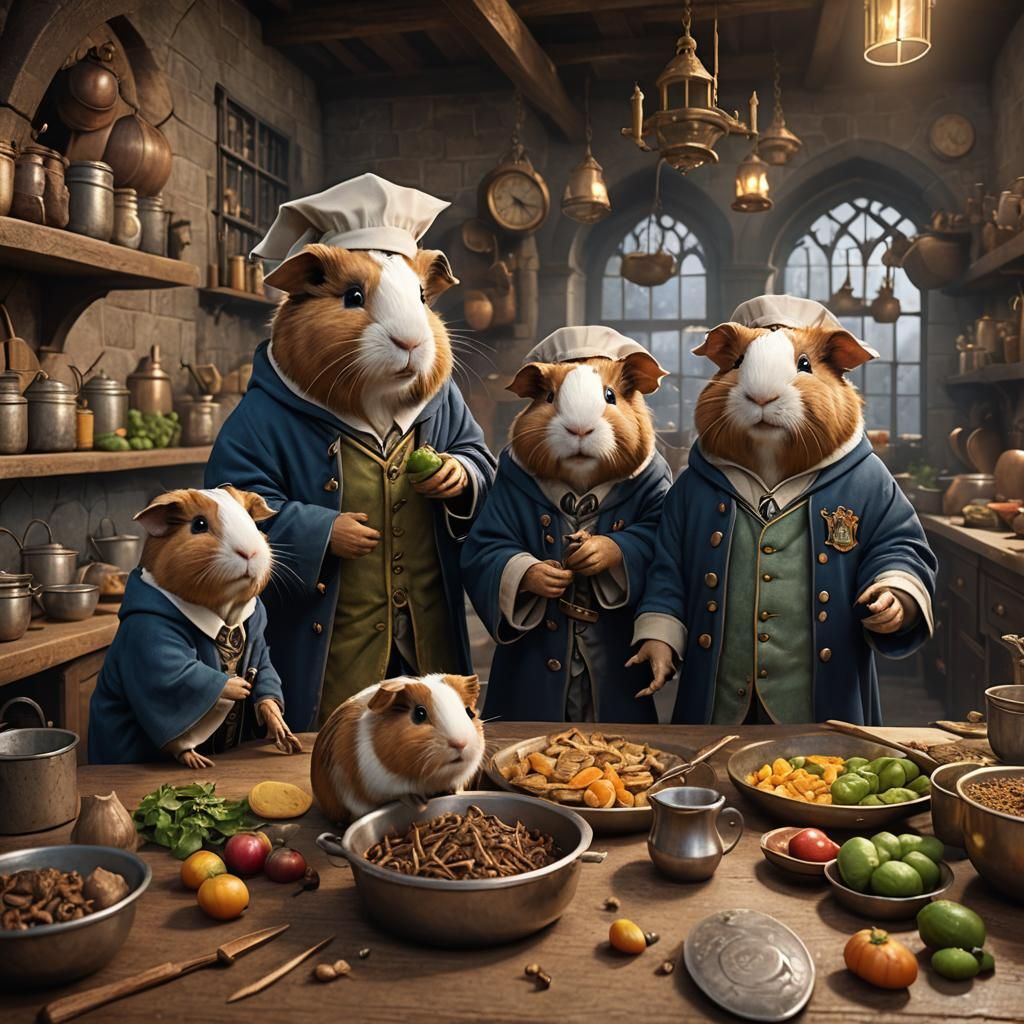 Guinea Pigs as Hogwarts Students, Detailed Digital Painting