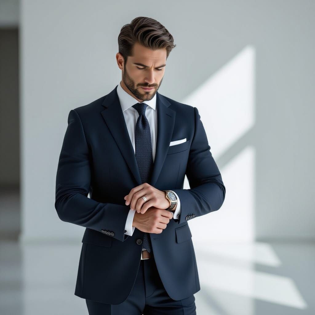 Man in Suit Checking Watch: Realistic Cinematic Style