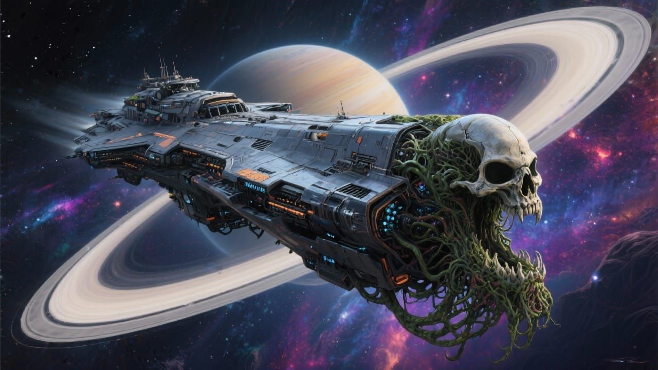 Alien Predator Space Cruiser Near Ringed Planet