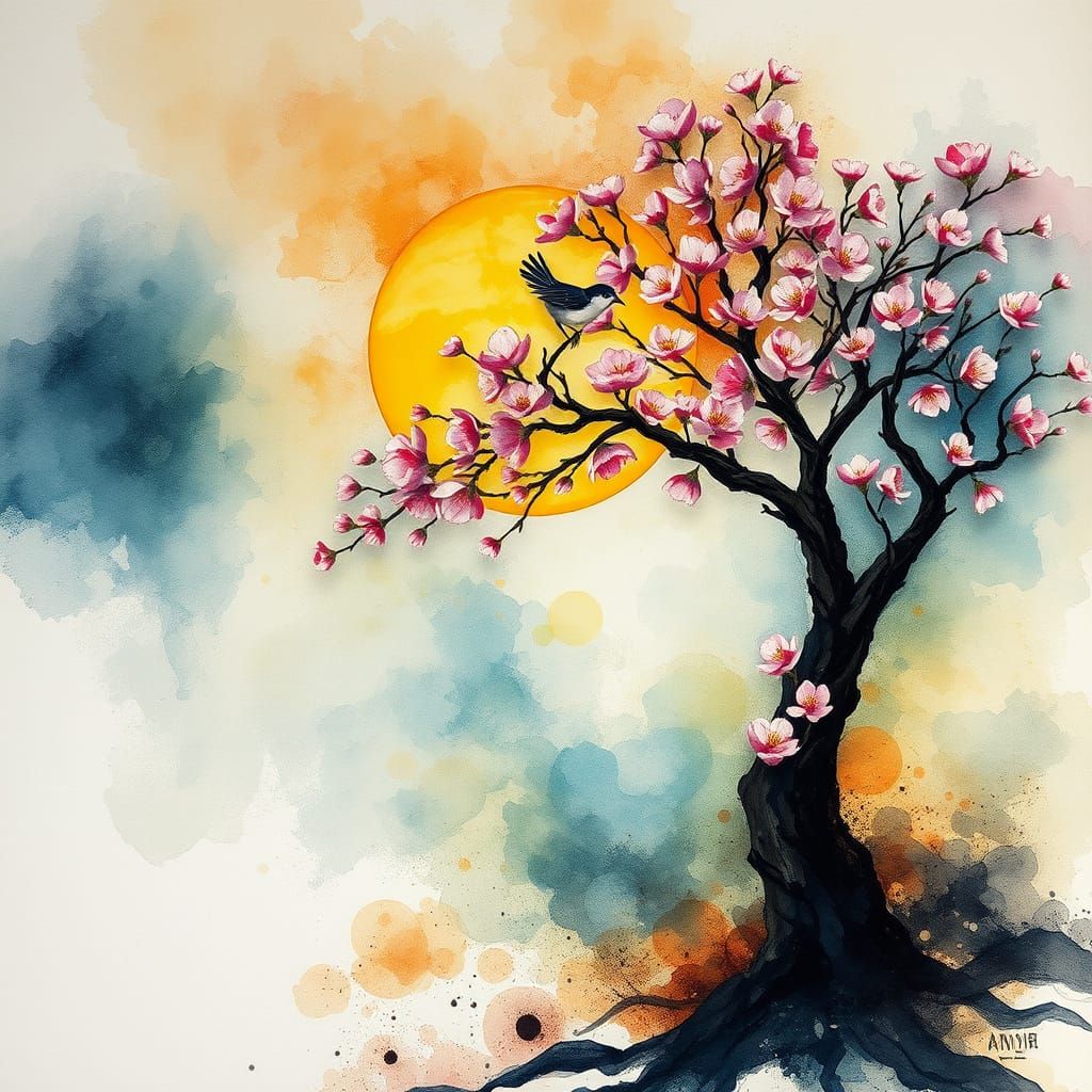 Surreal Sunset Blossom Tree Scene in Swirling Abstract Style