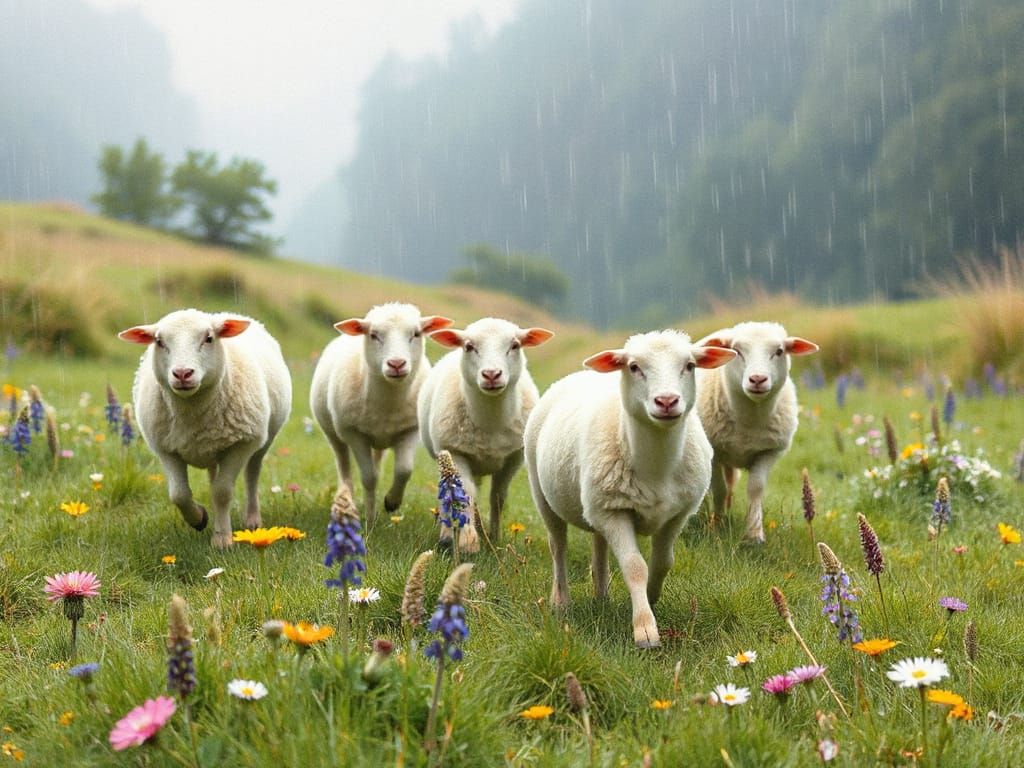 Sheep in Meadow: Dreamy Watercolor Pastoral Scene