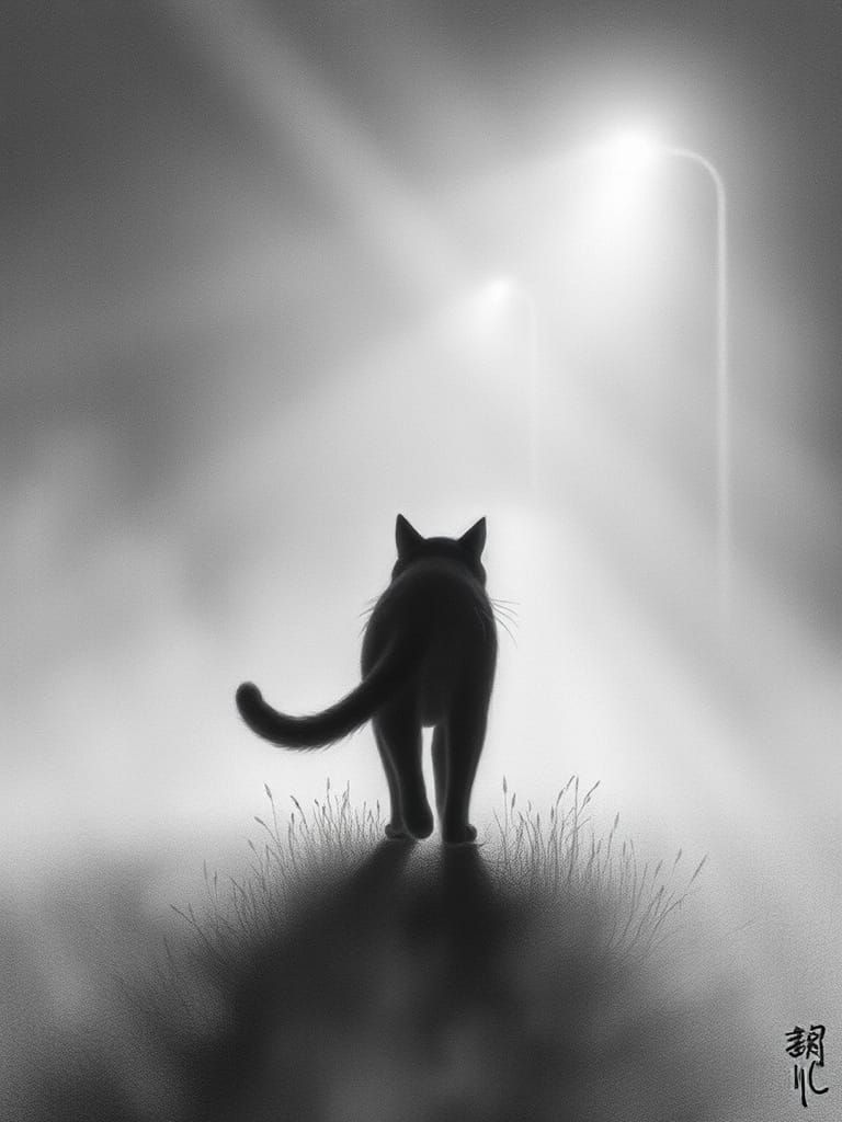 Cat Emerging from Dense Fog in Charcoal Drawing