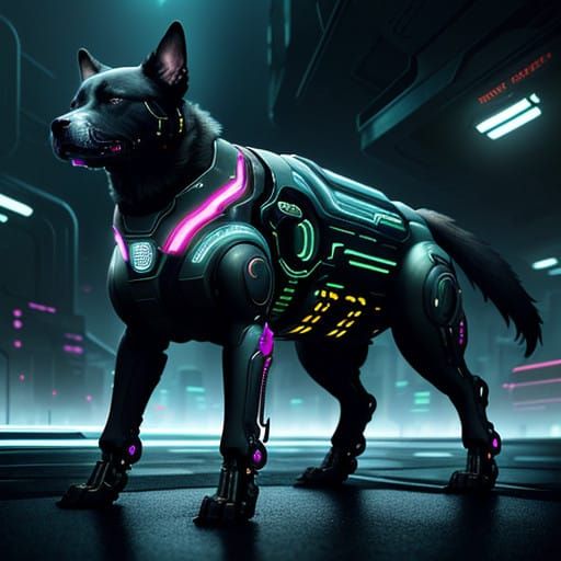 Cybernetic Canine in Futuristic Cityscape