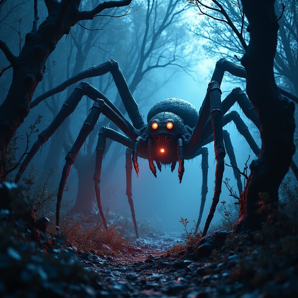 Gargantuan Spider Emerges in Mystical Dark Forest