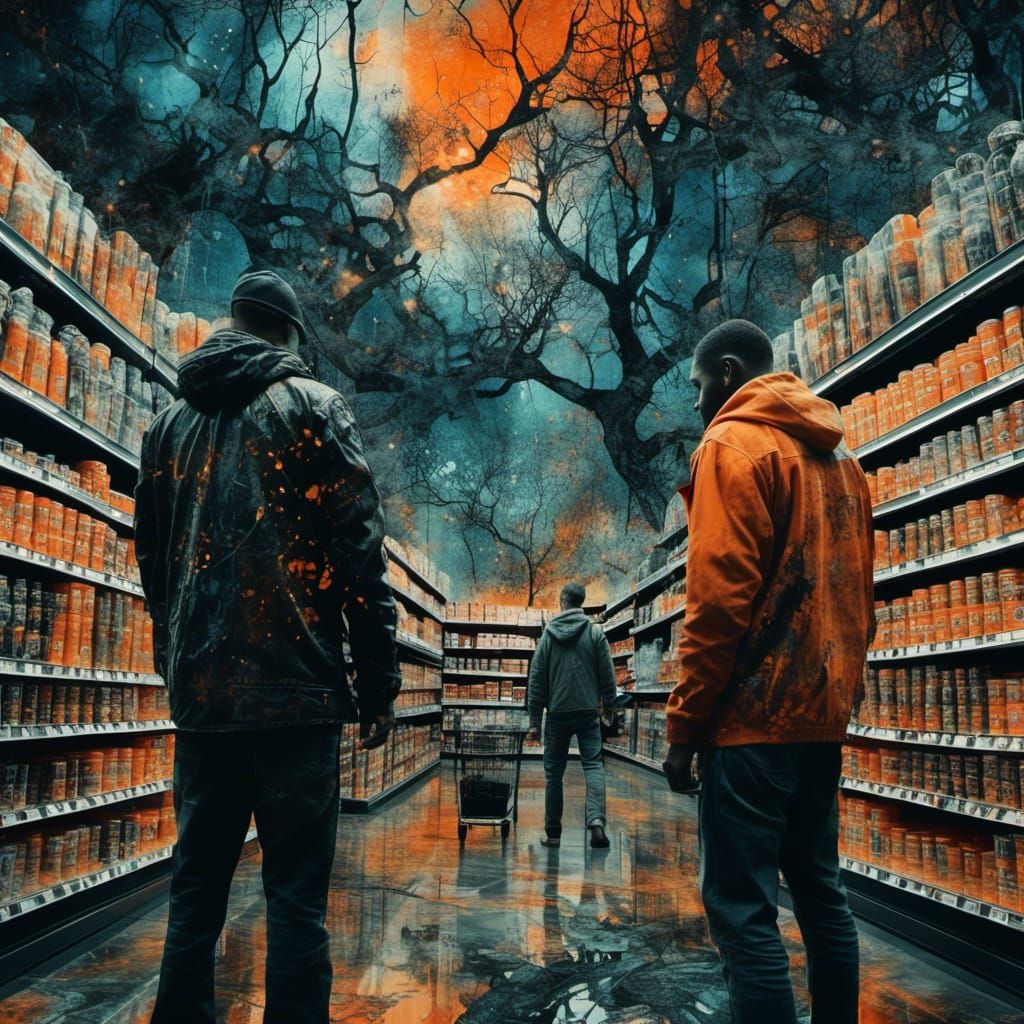 Surrealistic Shoplifting Double Exposure in Black and Orange