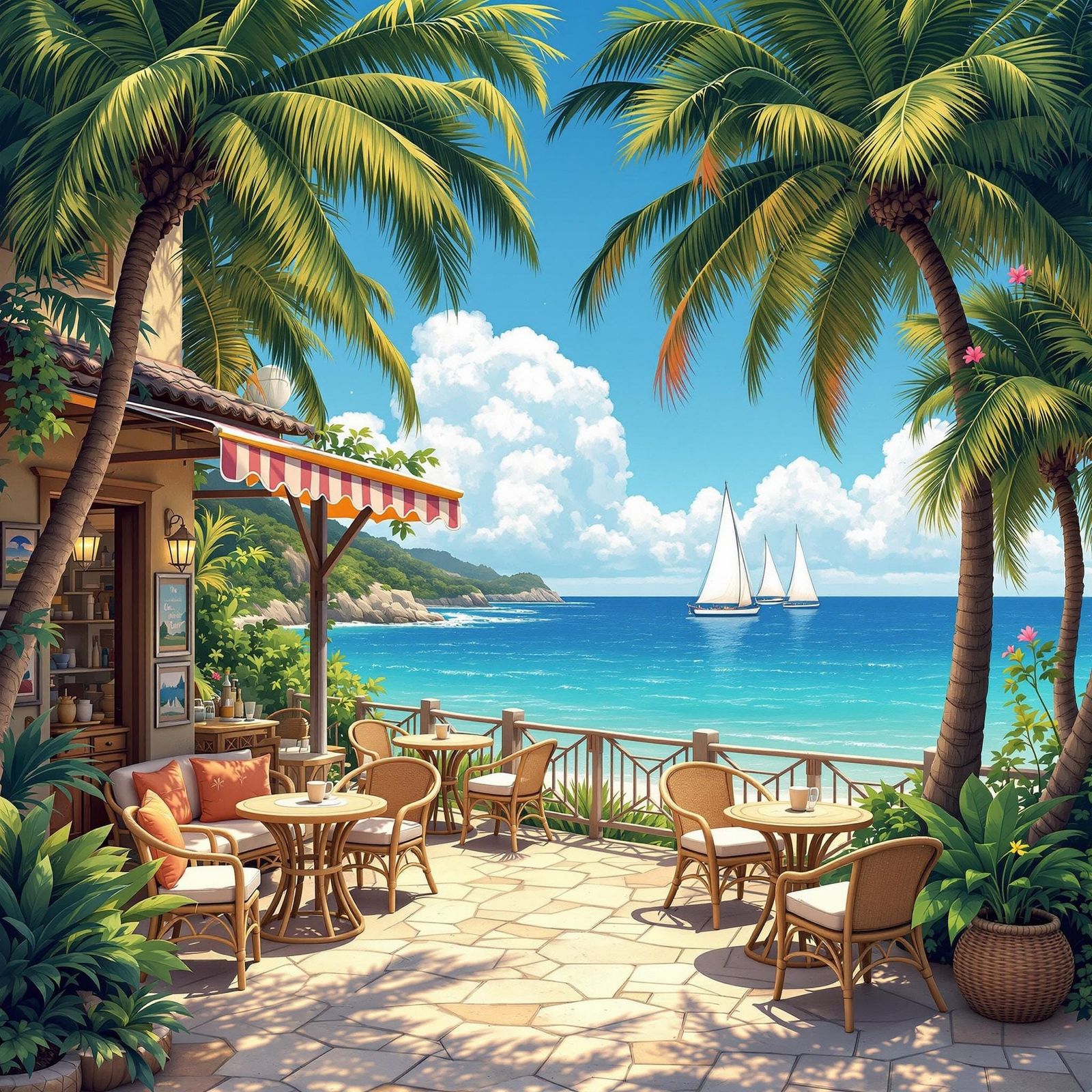 Idyllic Morning Cafe Scene in Vibrant Colors