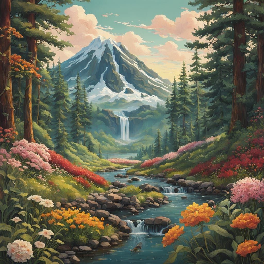 Vibrant Floral Landscape in Hyperrealistic Style
