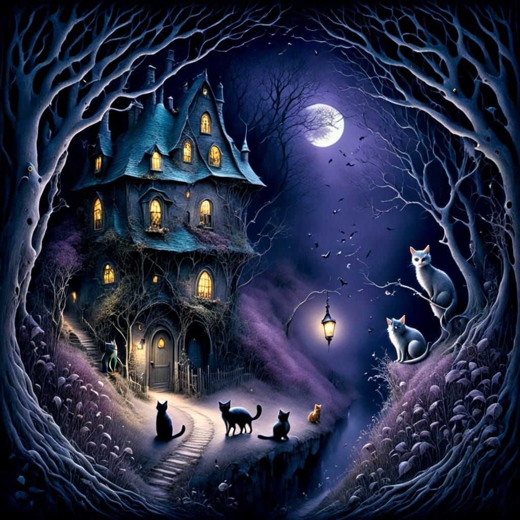 Magical Halloween Scene with Bat Kittens and Witches