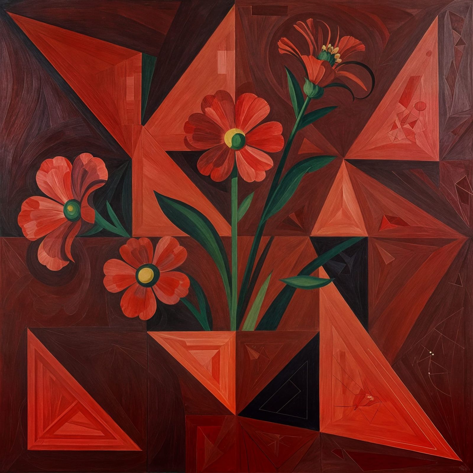 Neo-Cubist Floral Art in Red Atmosphere