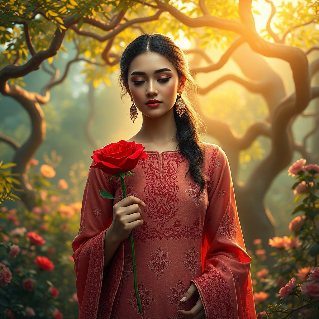 Woman in Garden with Rose, Dreamlike Ambiance