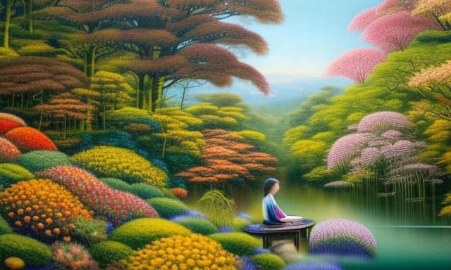 Woman in Floral Chair: Warped Perspective, Digital Art