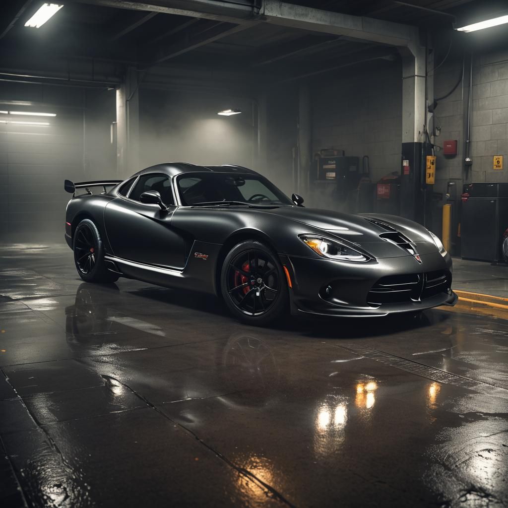 Black Dodge Viper SRT10 in Moody Garage: Digital Art