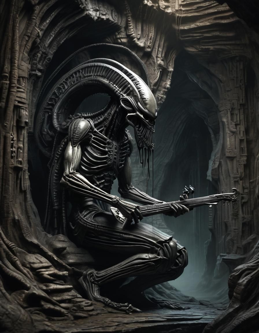 Xenomorph playing an alien guitar
