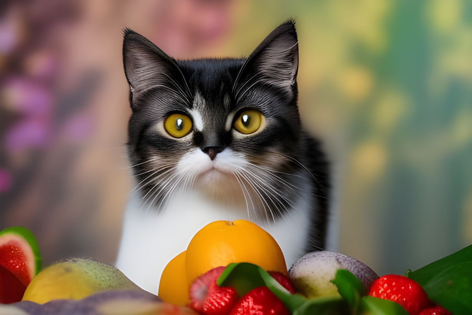 Cat Amidst Fruits: Hyperdetailed Digital Art