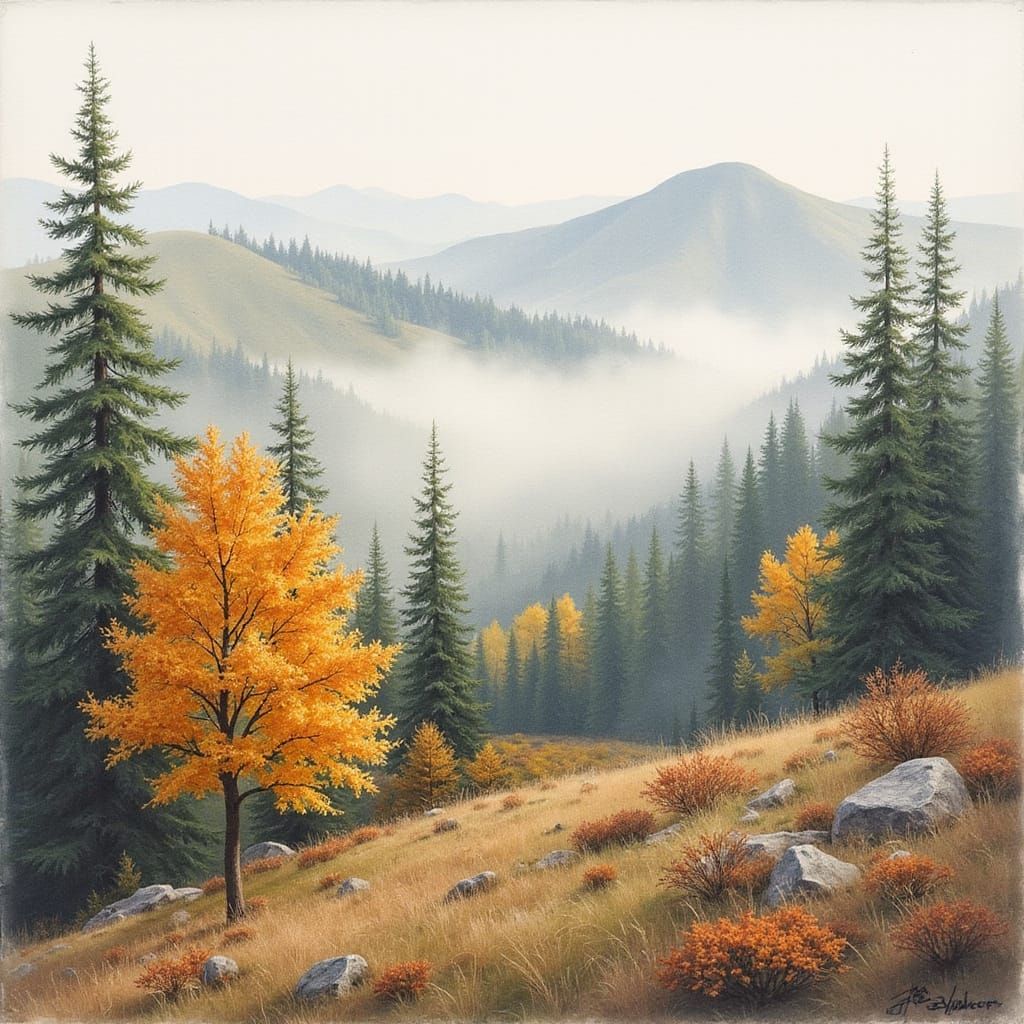 Misty Autumn Forest Watercolor Painting