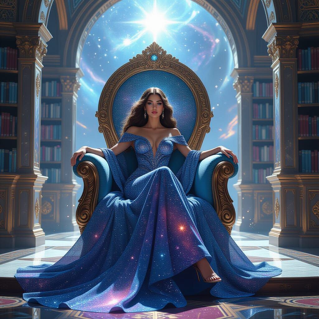 Cosmic Goddess in Celestial Library, Digital Painting