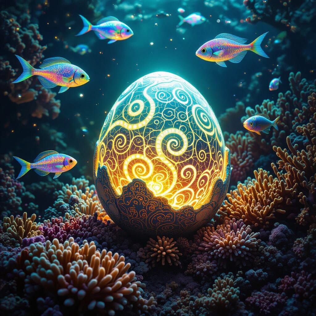 Bioluminescent Dragon Egg in Surreal Coral Reef