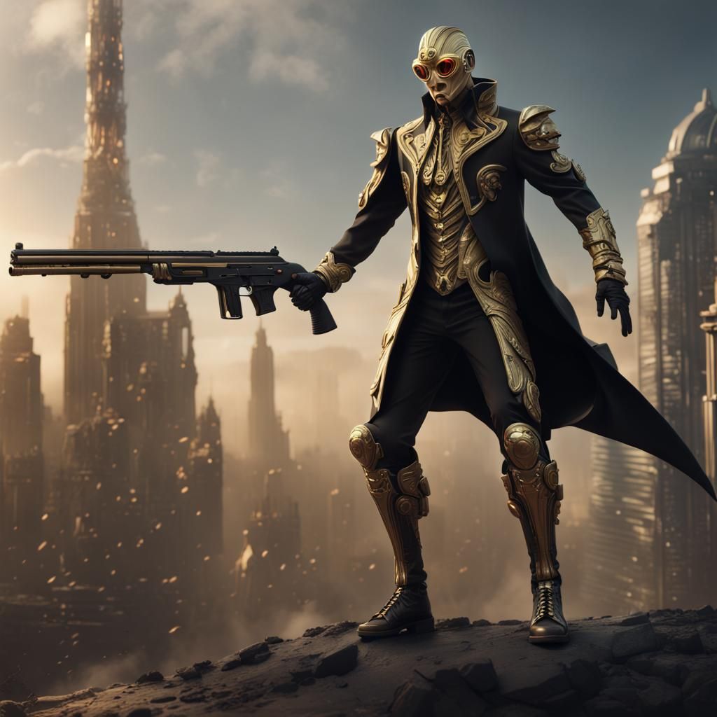 Futuristic Man Shooting Creature in Detailed Matte Painting