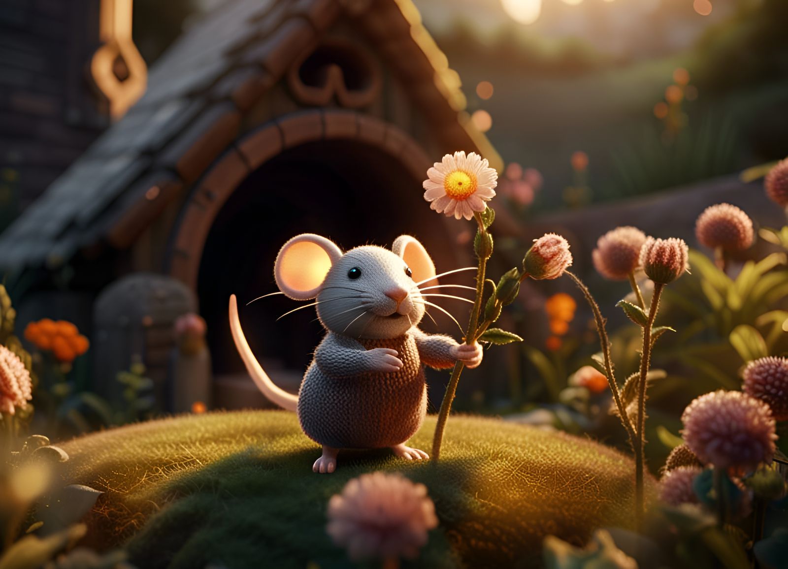 Knitted Mouse Picking Flower in Hobbit Garden