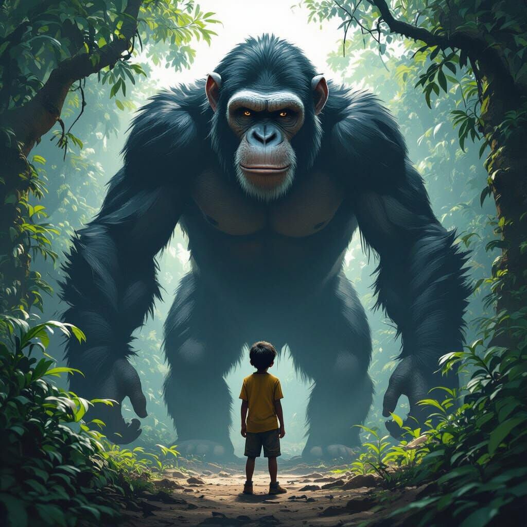 Indian Boy and Giant Chimpanzee in Jungle, Digital Art