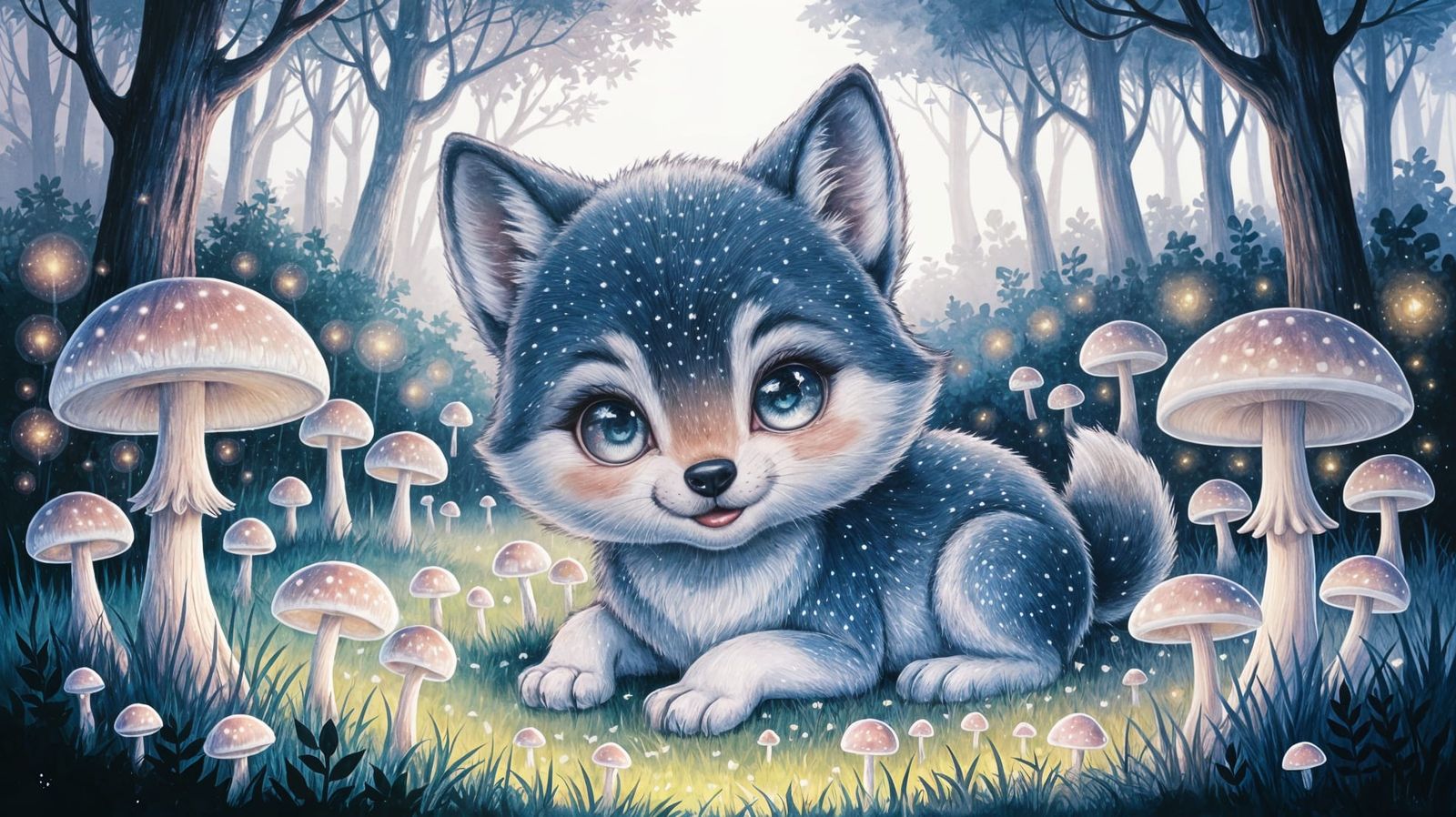 Kawaii Stardust Wolf in Bioluminescent Forest
