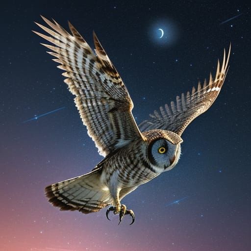 owl flying across a gorgeous night sky