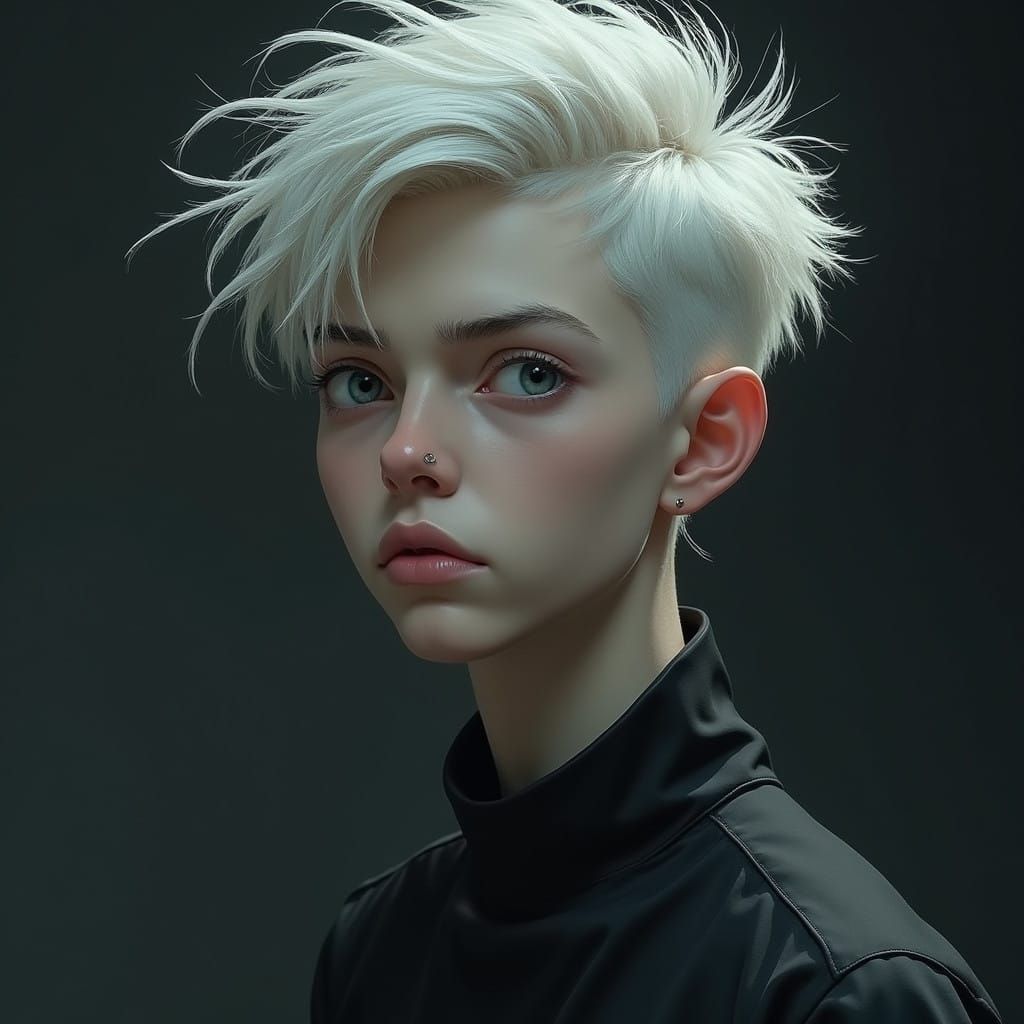 Moody Young Man with Platinum Hair and Icy Grey Eyes