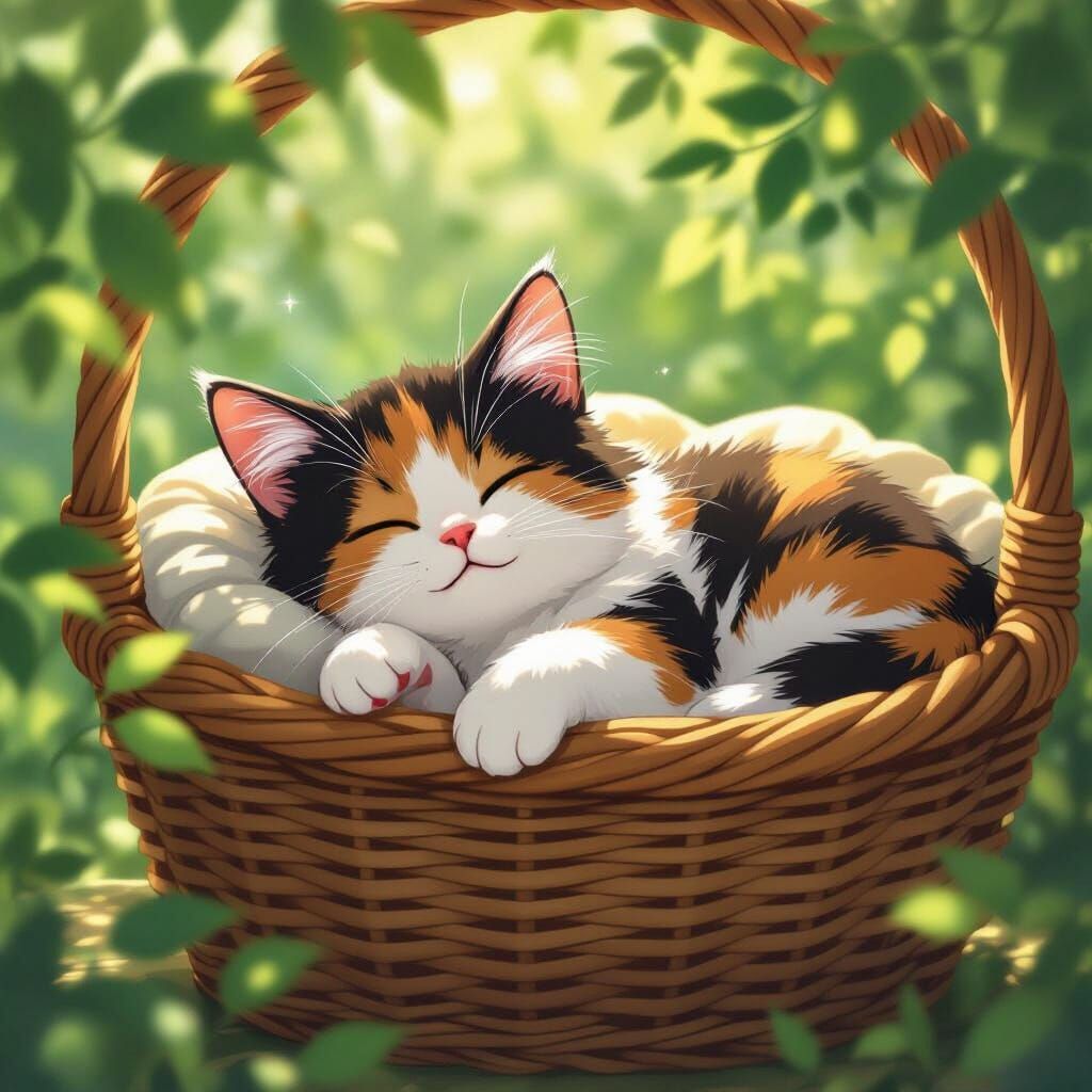 Fluffy Calico Cat Sleeps in Wicker Basket, Anime Style