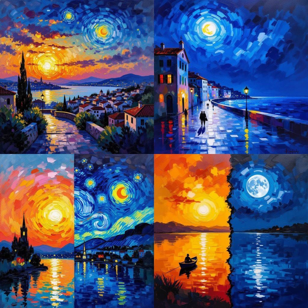Day and Night Impressionist Masterpiece in Gouache Style
