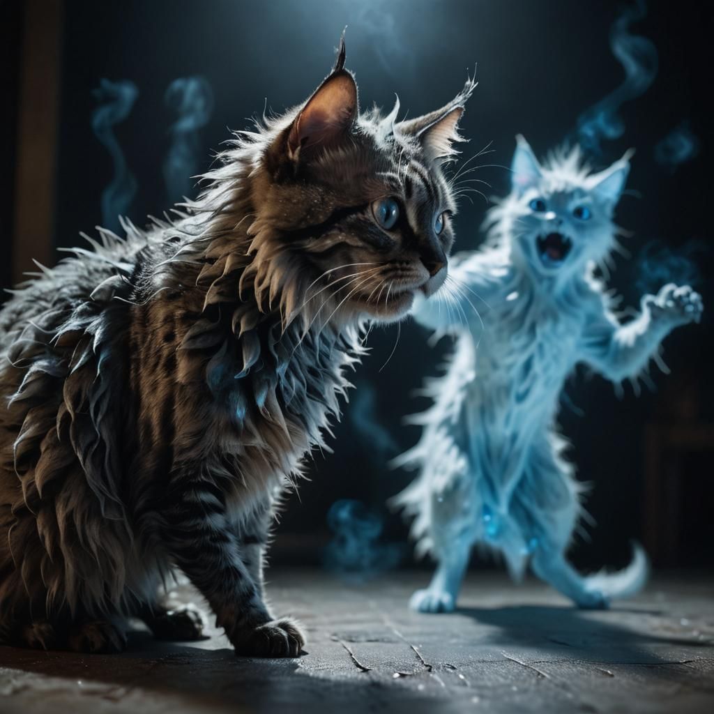 Surreal Close-Up of a Fearless Cat Confronting a Ghost