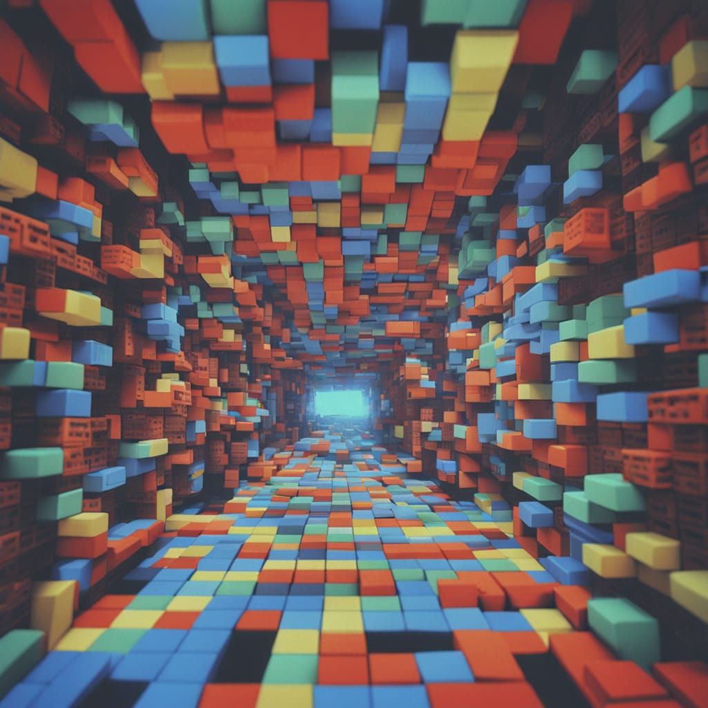 Surreal Liminal Interior Made from Building Blocks in a Grai...
