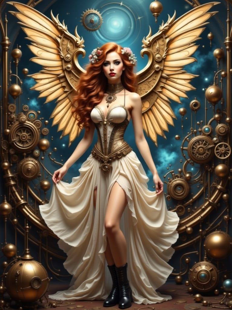 Ethereal Woman with Art Nouveau Hair and Steampunk Wings