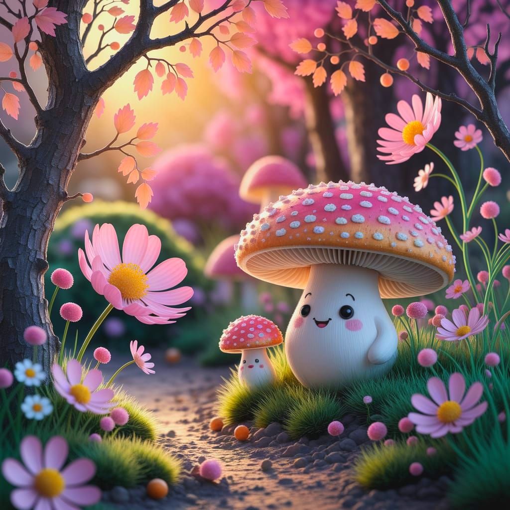 Enchanting Kawaii Forest Scene with Smiling Mushrooms