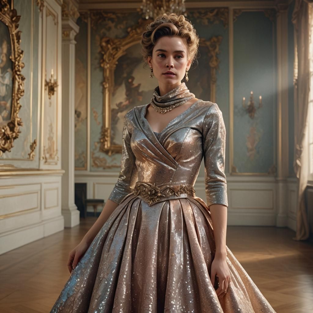 Baroque-Inspired Woman in Gown in Ballroom