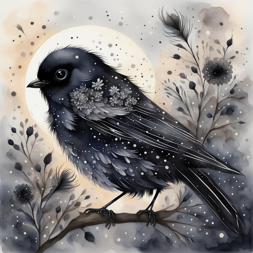 Watercolor Black Swallow in Moonlit Night