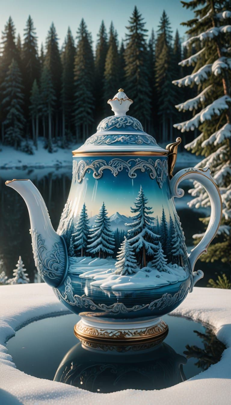 Rococo Porcelain Teapot on Frozen Lake