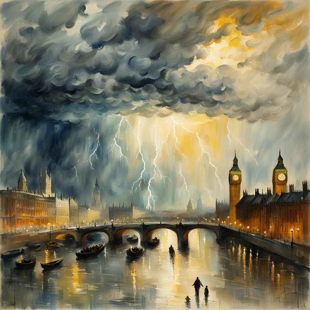 London Thunderstorm in Impressionist Gouache Style