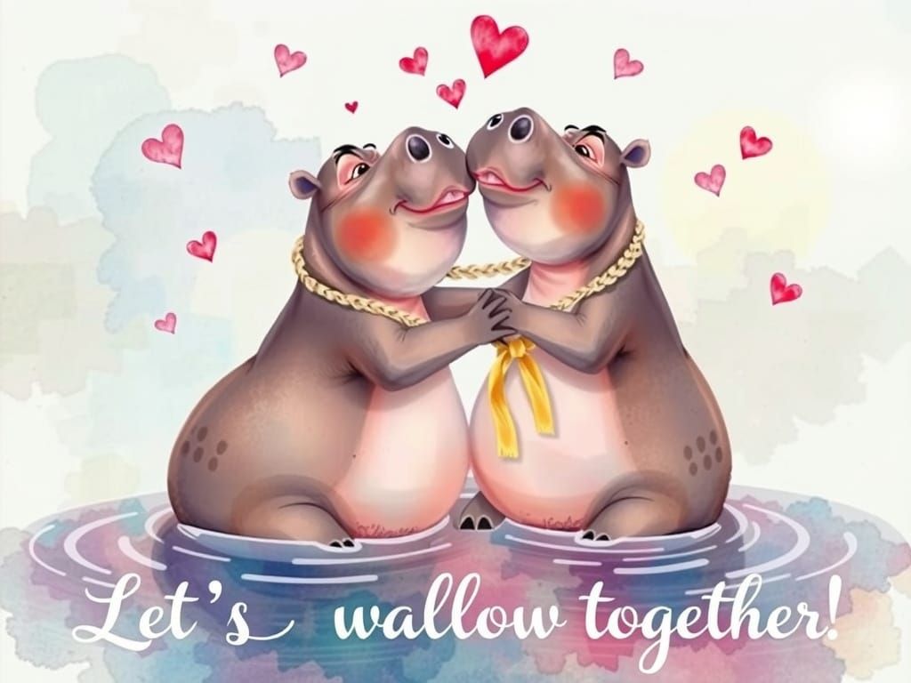 Romantic Hippos Tango in Whimsical Watercolour Style