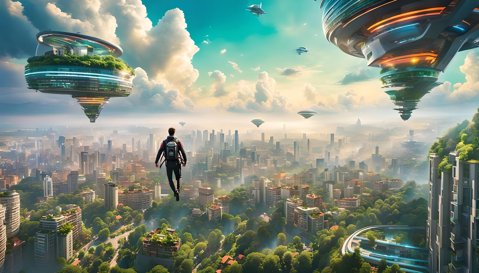 Jetpack Flyer Over Verdant Futuristic Cityscape