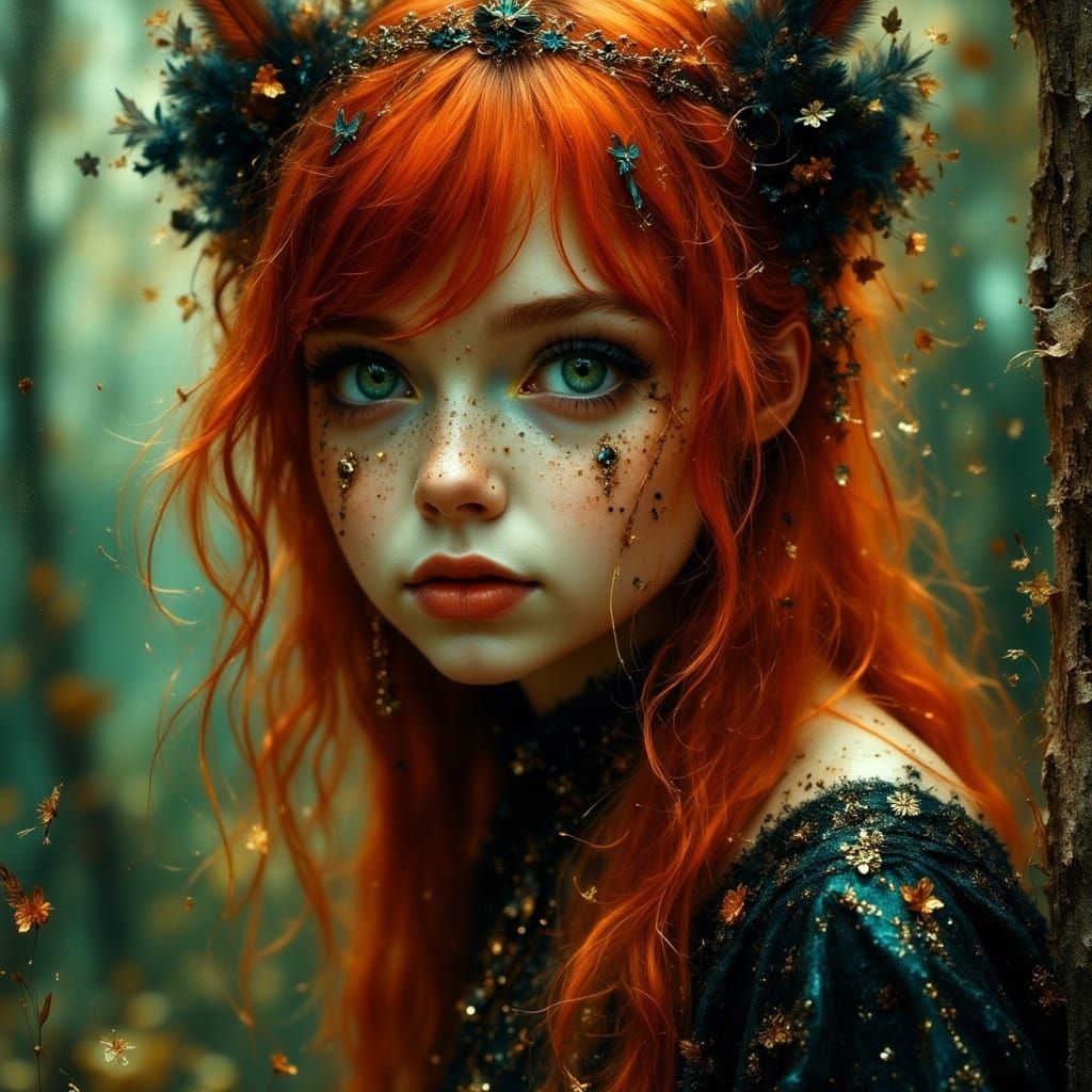 Ethereal Goth Punk Girl with Red Hair and Freckles