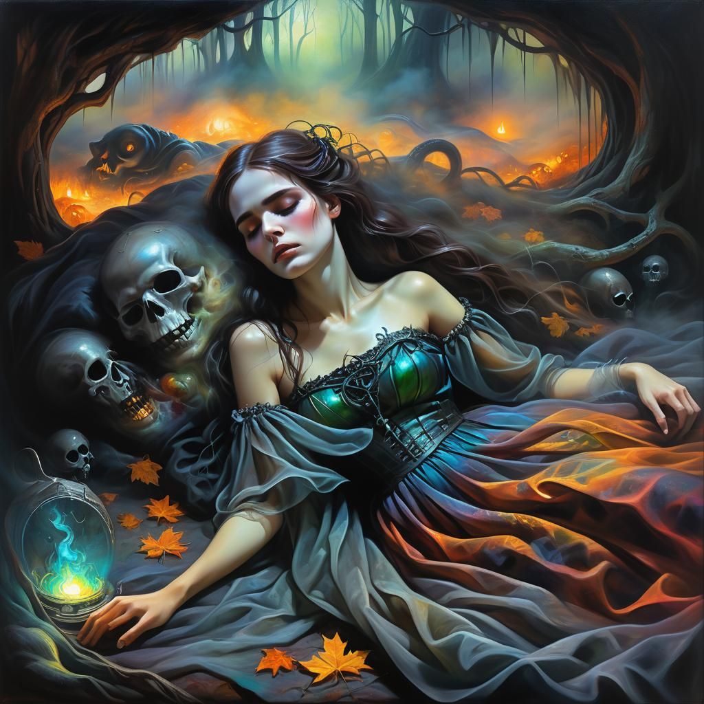 Gothic Dream: Woman Surrounded by Holographic Nightmares