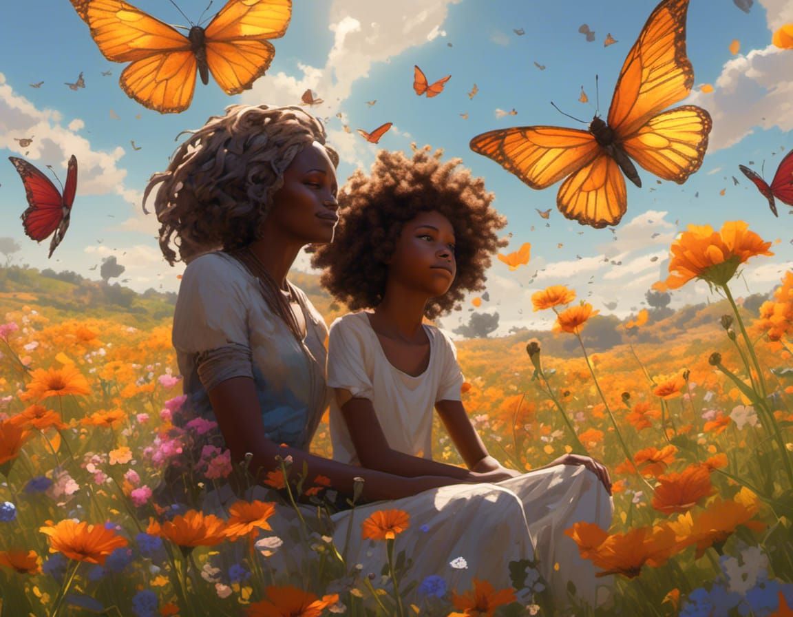 African American Mother and Daughter in Sunny Flower Field