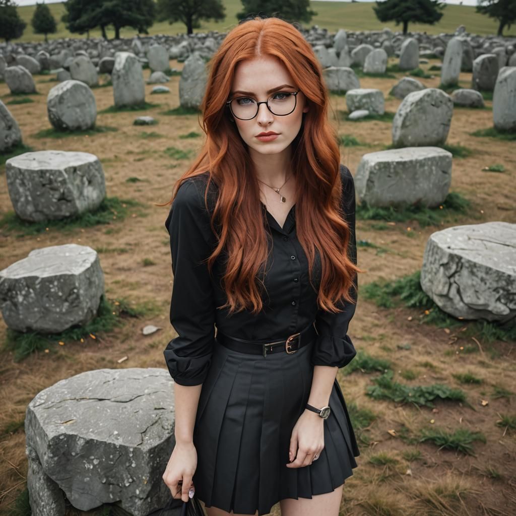 Red-Haired Woman at Stone Circle on Cloudy Day