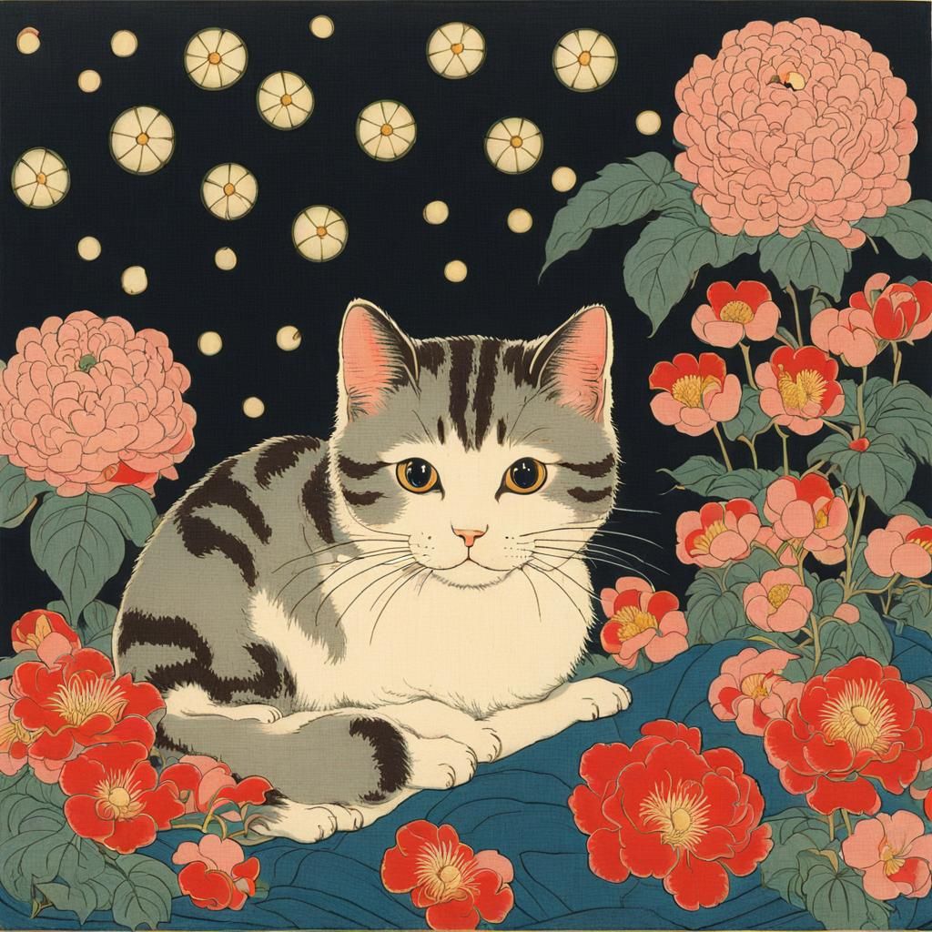 Cute Cat Surrounded by Flowers in Ukiyo-e Style