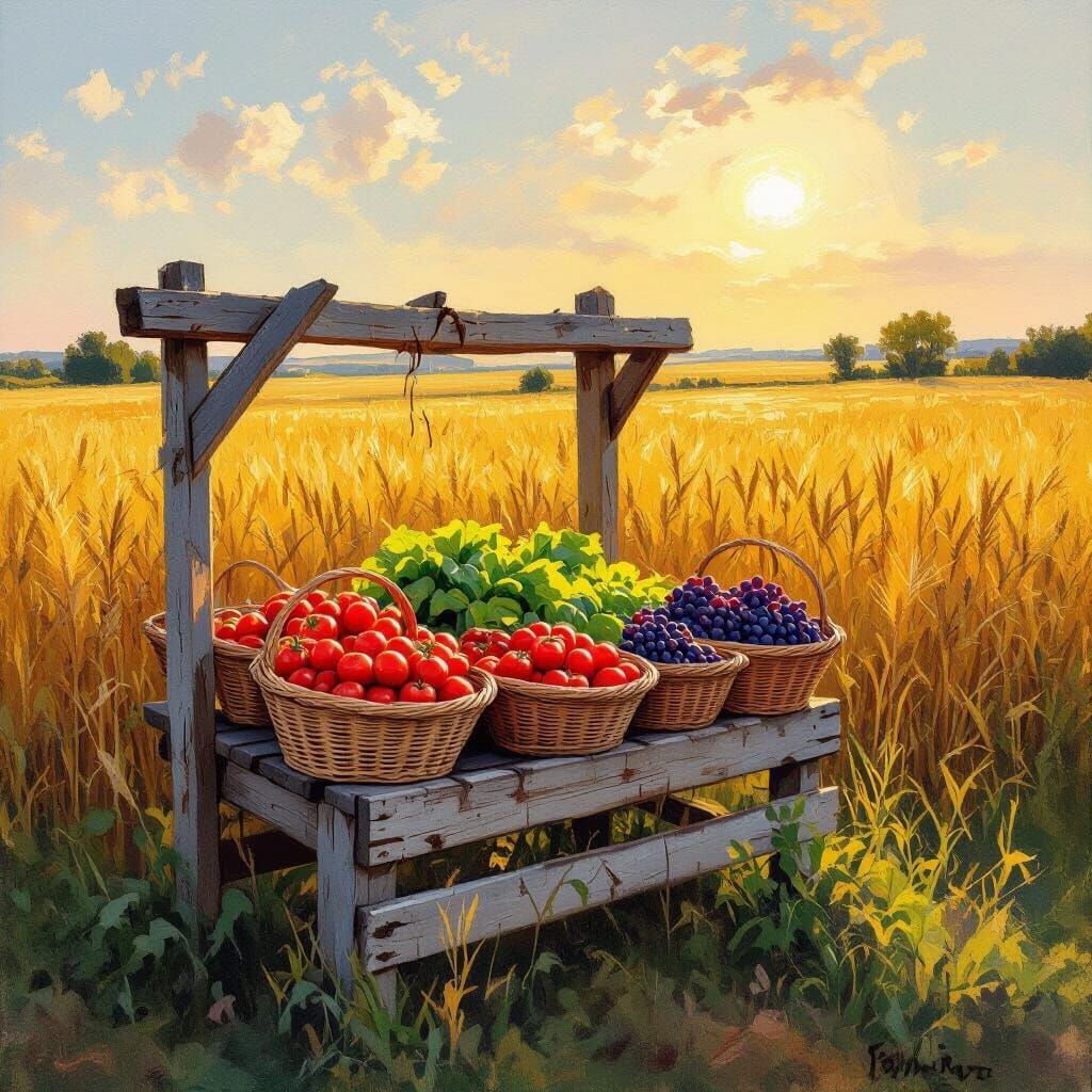 Golden Wheat Field Farmstand in Impressionist Style