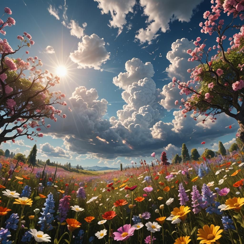 Sunny Flower Field with Heavenly Clouds: Matte Painting