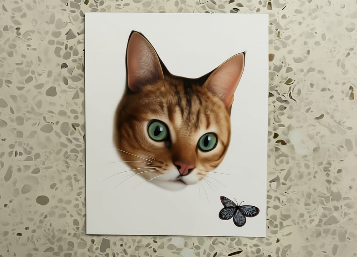 Photorealistic Cat Sketch with Butterfly