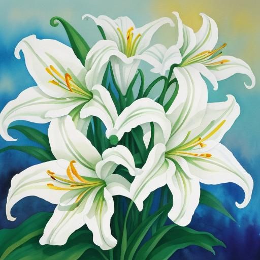White Oriental Lilies in Gouache Watercolor Style