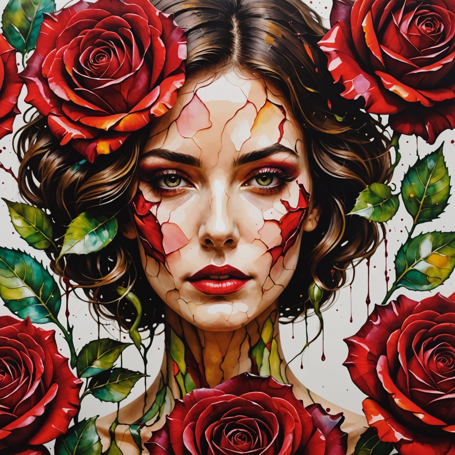 Rose Bloom on Lady Face in 3D Alcohol Ink